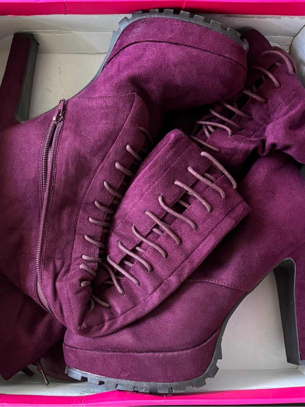 Shoe Dazzle Bordeaux Suede Lace-Up Platform Boots